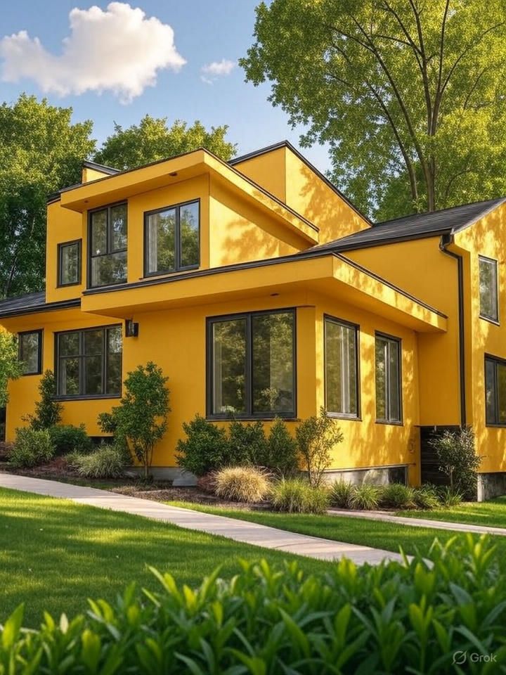 Modern Yellow Home with Lush Front Yard Landscaping